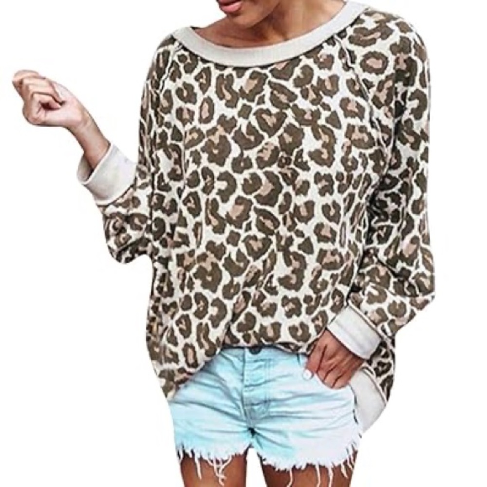 Free People Oversized Go on Get Leopard Print Sweat Shirt